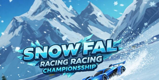 Snowy mountain race with blue sports car, Snow Fall Racing Championship game.