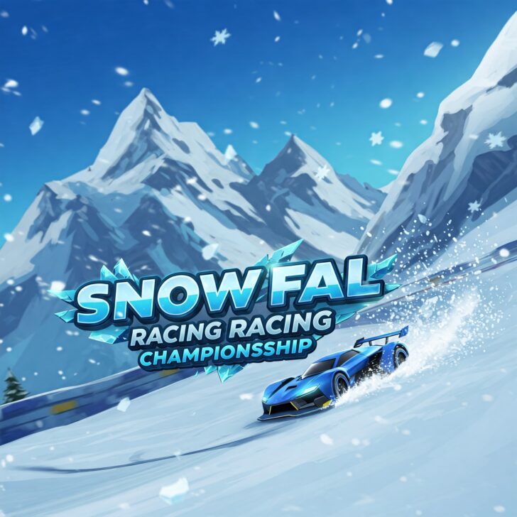 Snowy mountain race with blue sports car, Snow Fall Racing Championship game.
