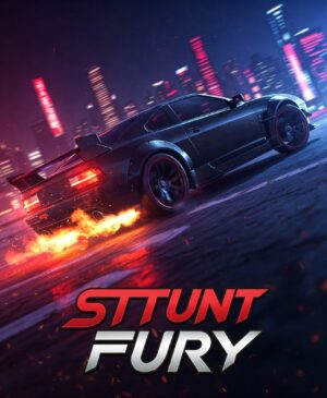 High-speed black sports car drifting with fiery exhaust in a futuristic cyberpunk city at night. Stunt Fury game visual.