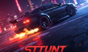 High-speed black sports car drifting with fiery exhaust in a futuristic cyberpunk city at night. Stunt Fury game visual.