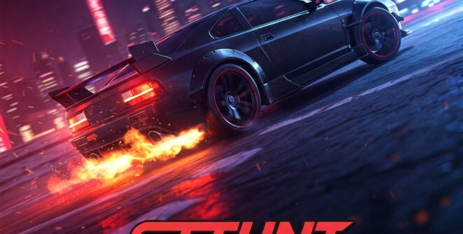 High-speed black sports car drifting with fiery exhaust in a futuristic cyberpunk city at night. Stunt Fury game visual.