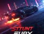 High-speed black sports car drifting with fiery exhaust in a futuristic cyberpunk city at night. Stunt Fury game visual.