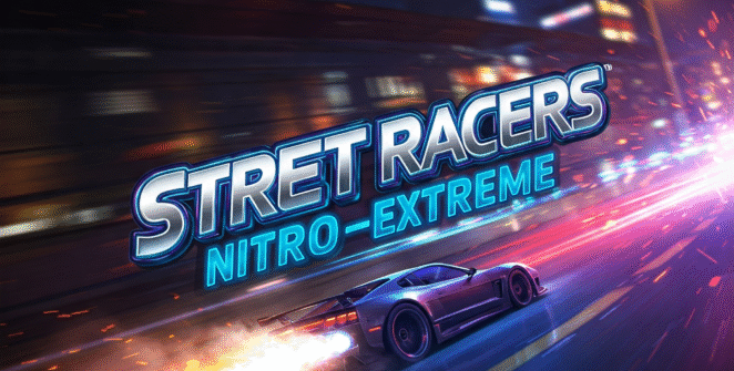 Street Racers Nitro Extreme game, high-speed car racing, night city race, nitro boost, extreme driving, racing game, video game, car with flames, motion blur