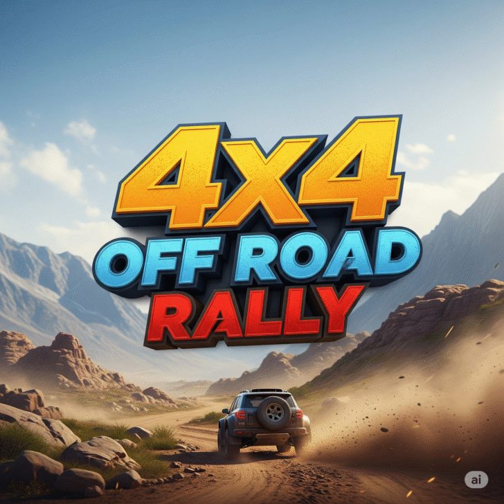 A thrilling 3D render of the "4X4 Off Road Rally" game title set against a dynamic backdrop of a rugged off-road landscape with a powerful 4x4 vehicle ready for action. Ideal for off-road racing games, extreme rally simulations, and adventure driving game marketing.