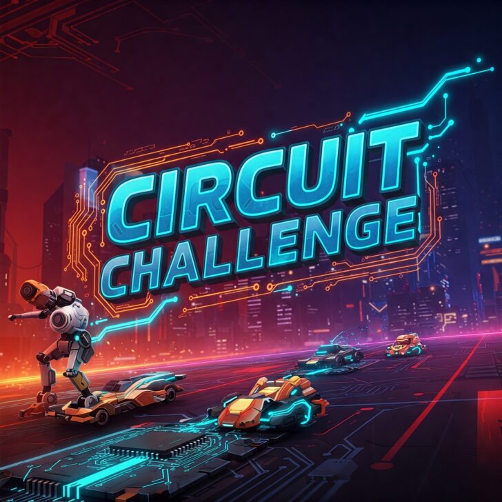 Circuit Challenge game title on a futuristic, glowing circuit board background.