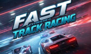 Fast Extreme Track Racing game cover art featuring high-speed sports cars on a futuristic track with motion blur effects.