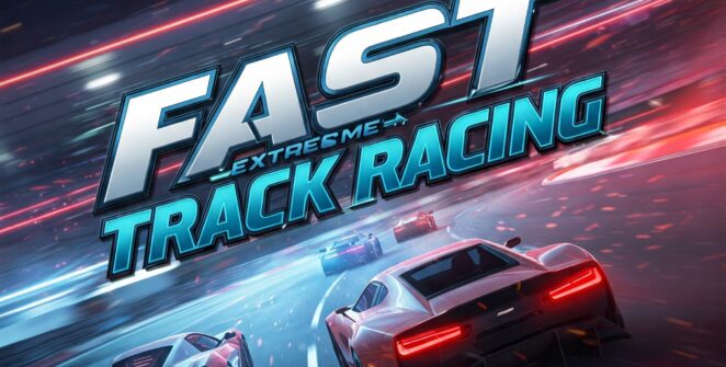 Fast Extreme Track Racing game cover art featuring high-speed sports cars on a futuristic track with motion blur effects.