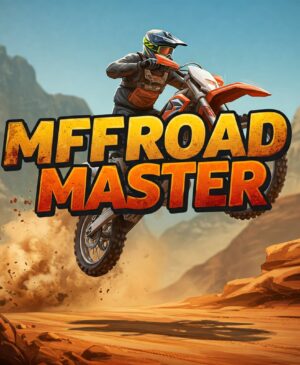 Motocross rider jumping, off-road motorcycle, MX OffRoad Master game, desert landscape, extreme sports, action shot, motorcycle adventure