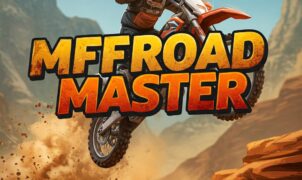Motocross rider jumping, off-road motorcycle, MX OffRoad Master game, desert landscape, extreme sports, action shot, motorcycle adventure