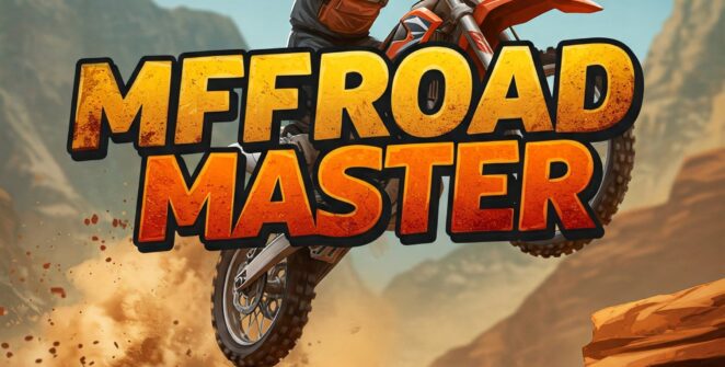 Motocross rider jumping, off-road motorcycle, MX OffRoad Master game, desert landscape, extreme sports, action shot, motorcycle adventure