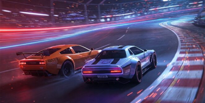Two high-performance sports cars speeding around a brightly lit track at night, showcasing fast car racing and furious speed. This image could represent an intense night race or a thrilling moment from a fast car racing game.
