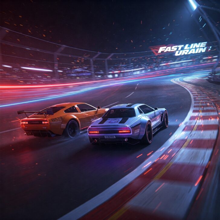 Two high-performance sports cars speeding around a brightly lit track at night, showcasing fast car racing and furious speed. This image could represent an intense night race or a thrilling moment from a fast car racing game.