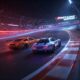 Two high-performance sports cars speeding around a brightly lit track at night, showcasing fast car racing and furious speed. This image could represent an intense night race or a thrilling moment from a fast car racing game.
