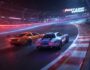 Two high-performance sports cars speeding around a brightly lit track at night, showcasing fast car racing and furious speed. This image could represent an intense night race or a thrilling moment from a fast car racing game.