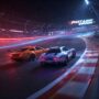 Two high-performance sports cars speeding around a brightly lit track at night, showcasing fast car racing and furious speed. This image could represent an intense night race or a thrilling moment from a fast car racing game.