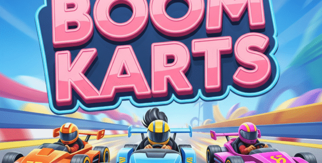 Boom Karts explosive kart racing game screenshot showing two colorful karts drifting through fiery explosions while collecting coins and power-ups.