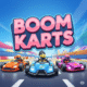 Boom Karts explosive kart racing game screenshot showing two colorful karts drifting through fiery explosions while collecting coins and power-ups.