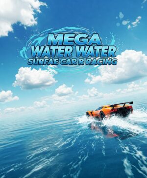 Orange supercar racing on a vast blue water surface under a partly cloudy sky. Mega Water Surface Car Racing game.