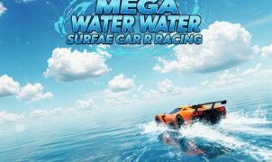 Orange supercar racing on a vast blue water surface under a partly cloudy sky. Mega Water Surface Car Racing game.