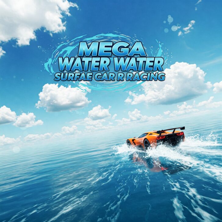 Orange supercar racing on a vast blue water surface under a partly cloudy sky. Mega Water Surface Car Racing game.