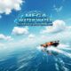 Orange supercar racing on a vast blue water surface under a partly cloudy sky. Mega Water Surface Car Racing game.