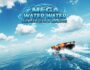 Orange supercar racing on a vast blue water surface under a partly cloudy sky. Mega Water Surface Car Racing game.
