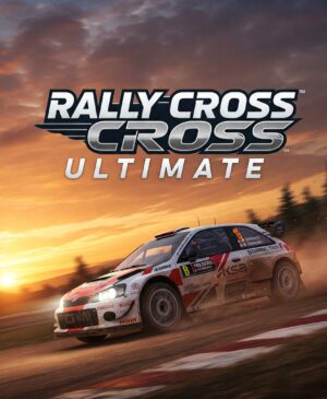 High-speed rallycross car racing on a dirt track at sunset, showcasing the intense action of Rally Cross Ultimate.