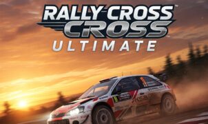 High-speed rallycross car racing on a dirt track at sunset, showcasing the intense action of Rally Cross Ultimate.
