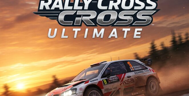 High-speed rallycross car racing on a dirt track at sunset, showcasing the intense action of Rally Cross Ultimate.