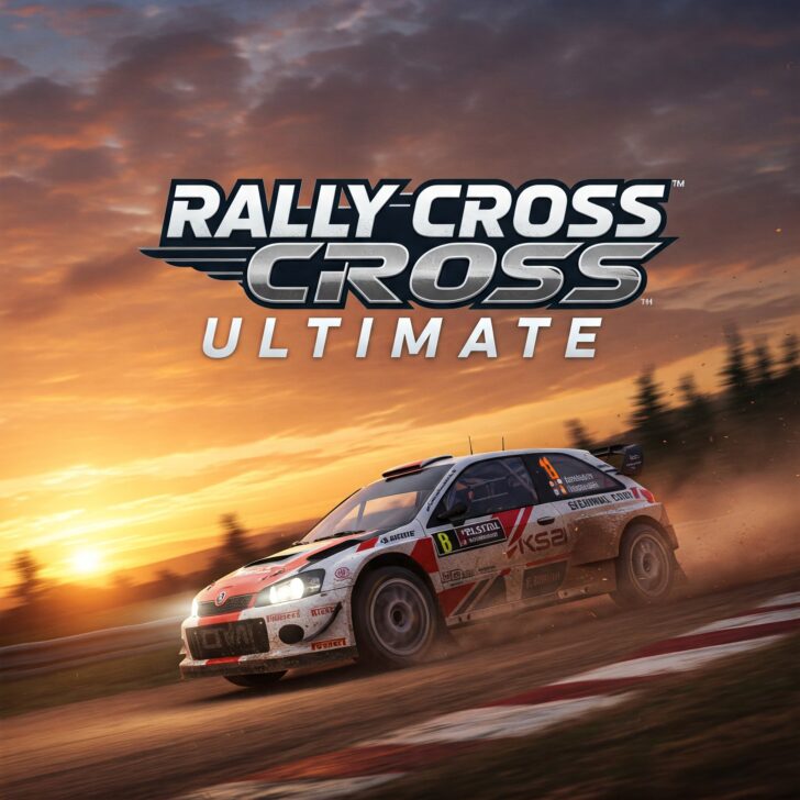 High-speed rallycross car racing on a dirt track at sunset, showcasing the intense action of Rally Cross Ultimate.