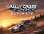 High-speed rallycross car racing on a dirt track at sunset, showcasing the intense action of Rally Cross Ultimate.