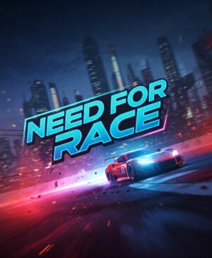 Sleek silver sports car speeding through a vibrant, neon-lit city at night. 