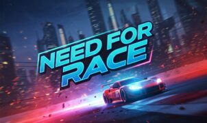 Sleek silver sports car speeding through a vibrant, neon-lit city at night. "NeedFor Race" game title overlay.