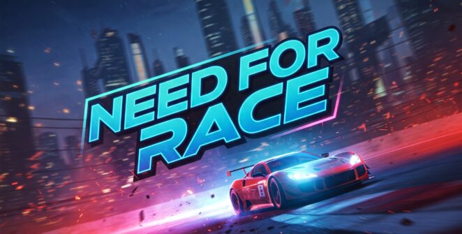 Sleek silver sports car speeding through a vibrant, neon-lit city at night. 