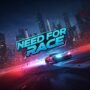 Sleek silver sports car speeding through a vibrant, neon-lit city at night. 