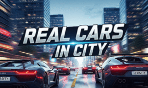 A realistic 3D racing game title "Real Cars in City" featuring modern sports cars, urban highways, and neon city lights. Ideal for mobile racing games, car simulation, and high-octane virtual driving.