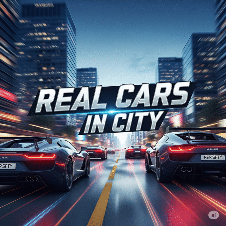 A realistic 3D racing game title "Real Cars in City" featuring modern sports cars, urban highways, and neon city lights. Ideal for mobile racing games, car simulation, and high-octane virtual driving.