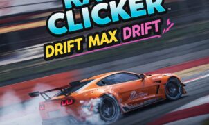 Orange drift car with smoke on a race track, featuring the Race Clicker: Drift Max Drift game title. #RaceClicker #DriftMaxDrift #DriftingGame #CarDrifting #RacingGame