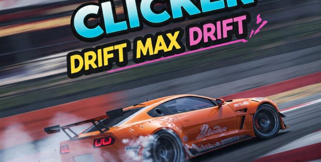 Orange drift car with smoke on a race track, featuring the Race Clicker: Drift Max Drift game title. #RaceClicker #DriftMaxDrift #DriftingGame #CarDrifting #RacingGame