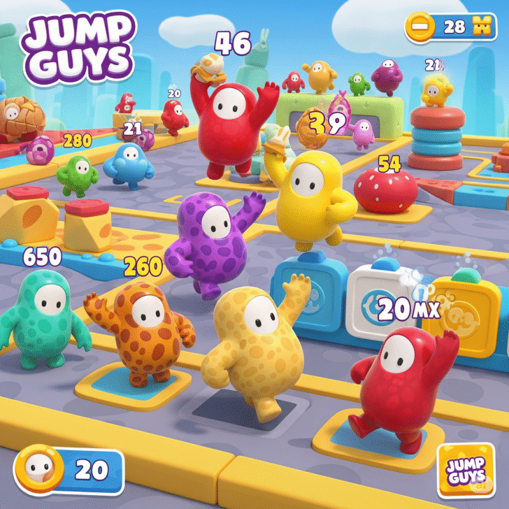 A vibrant cartoon illustration of the "Jump Guys" game, showcasing a colorful obstacle course filled with diverse, cute bean-shaped characters in mid-air. The image emphasizes the lively, competitive, and fun nature of the game, perfect for casual gaming, mobile gaming, multiplayer games, and party games.