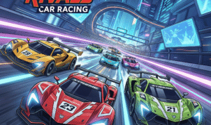 Xtreme Rivals Car Racing game screenshot featuring futuristic neon race cars on a vibrant track, showcasing high-speed action and competitive gameplay.