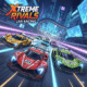 Xtreme Rivals Car Racing game screenshot featuring futuristic neon race cars on a vibrant track, showcasing high-speed action and competitive gameplay.