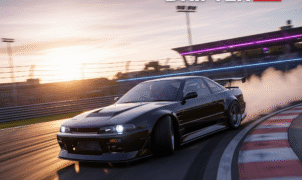 Ado Cars Drifter 2 action shot: A high-performance sports car executes a precision drift on a race track at sunset, showcasing realistic graphics and dynamic gameplay. This racing game features customizable cars and drifting physics.