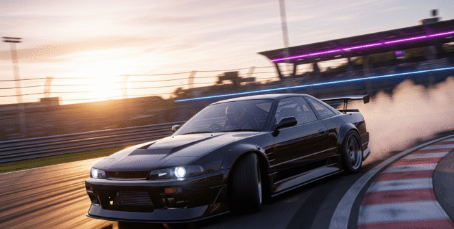 Ado Cars Drifter 2 action shot: A high-performance sports car executes a precision drift on a race track at sunset, showcasing realistic graphics and dynamic gameplay. This racing game features customizable cars and drifting physics.