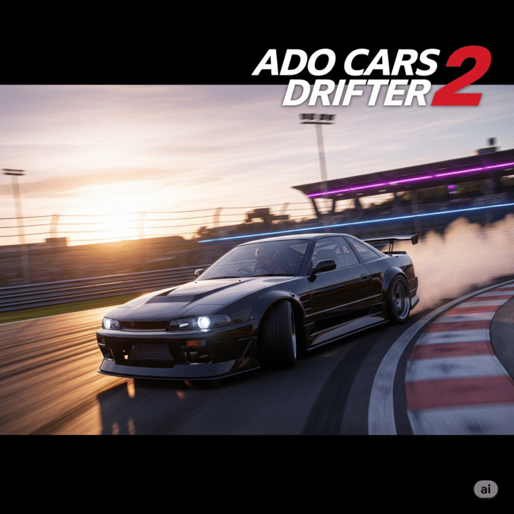 Ado Cars Drifter 2 action shot: A high-performance sports car executes a precision drift on a race track at sunset, showcasing realistic graphics and dynamic gameplay. This racing game features customizable cars and drifting physics.