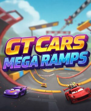 Cartoon red and purple sports cars racing on giant, colorful mega ramps in a blue sky setting. GT Cars Mega Ramps game.