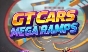 Cartoon red and purple sports cars racing on giant, colorful mega ramps in a blue sky setting. GT Cars Mega Ramps game.