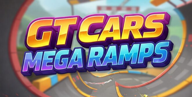 Cartoon red and purple sports cars racing on giant, colorful mega ramps in a blue sky setting. GT Cars Mega Ramps game.