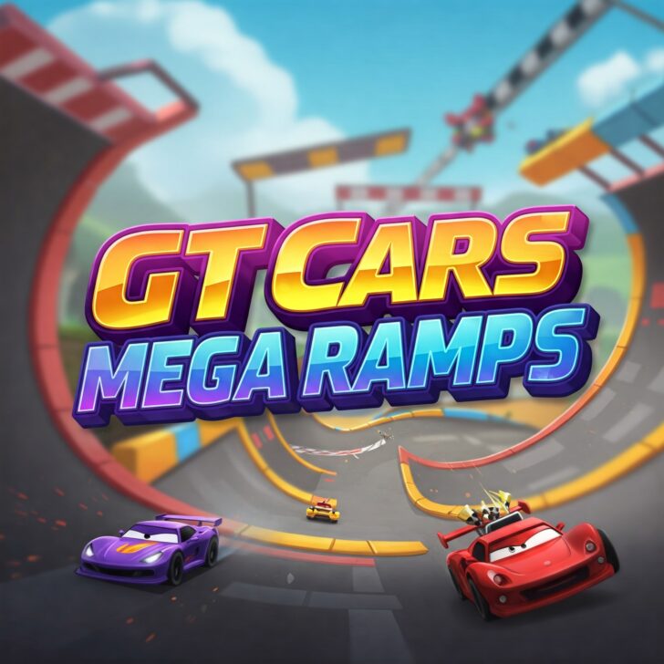 Cartoon red and purple sports cars racing on giant, colorful mega ramps in a blue sky setting. GT Cars Mega Ramps game.