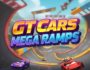 Cartoon red and purple sports cars racing on giant, colorful mega ramps in a blue sky setting. GT Cars Mega Ramps game.